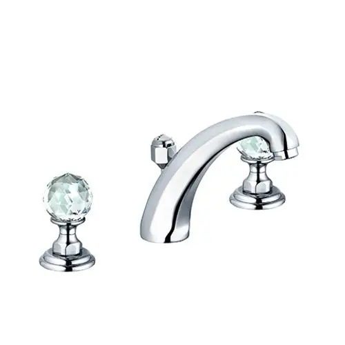 Chromfarbener Wasserhahn mit zwei verzierten Bedienknöpfen, ideal für Badezimmer oder Küchenarmaturen. Elegantes Design mit glänzender Oberfläche.